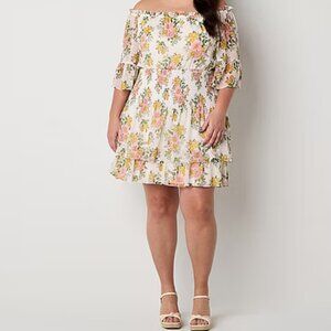 Premier Amour Off The Shoulder Women's Plus 3/4 Sleeve Floral Fit + Flare 22W